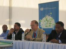 From right to left: Kenneth Darroux, Minister for the Environment, Natural Resources, Physical Planning and Fisheries of Commonwealth of Dominica; Helmut Böck, Ambassador of Austria to Australia; Antonio Batista, Energy Director of Ministry of Industry, Tourism and Energy in the Republic of Cabo Verde; and Al Binger, Energy Science Advisor for Caribbean Community Climate Change Centre and SIDS DOCK Coordinator.